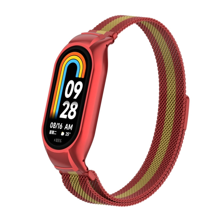 For Xiaomi Mi Band 8 Integrated Metal Case + Milanese Magnetic Watch Band(Red+Gold) - Smart Wear by PMC Jewellery | Online Shopping South Africa | PMC Jewellery