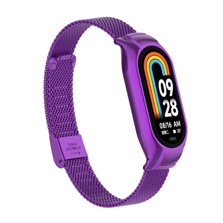 For Xiaomi Mi Band 8 Integrated Metal Case + Steel Mesh Buckle Watch Band(Purple) - Smart Wear by PMC Jewellery | Online Shopping South Africa | PMC Jewellery