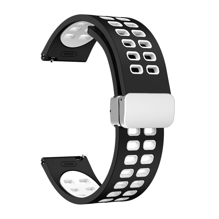 20mm Double-row Hole Folding Silver Buckle Two-color Silicone Watch Band(Black White) - Smart Wear by PMC TechLife | Online Shopping South Africa | PMC TechLife