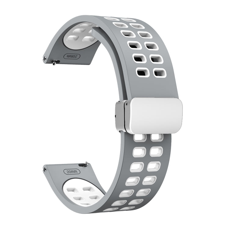 20mm Double-row Hole Folding Silver Buckle Two-color Silicone Watch Band(Grey White) - Smart Wear by PMC TechLife | Online Shopping South Africa | PMC TechLife