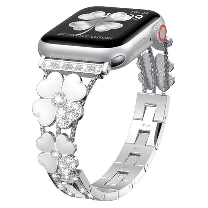 For Apple Watch Ultra 49mm Petal Metal Diamond Watch Band(Sliver+White) -  by PMC Jewellery | Online Shopping South Africa | PMC Jewellery