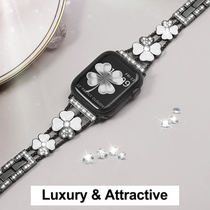 For Apple Watch 8 41mm Petal Metal Diamond Watch Band(Black+White) -  by PMC Jewellery | Online Shopping South Africa | PMC Jewellery