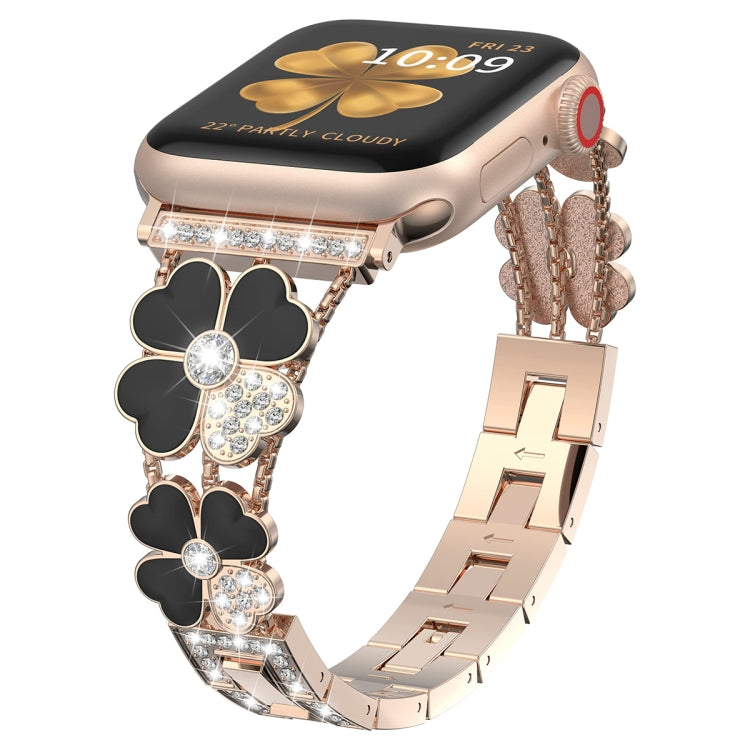 For Apple Watch 8 45mm Petal Metal Diamond Watch Band(Rose Gold+Black) -  by PMC Jewellery | Online Shopping South Africa | PMC Jewellery