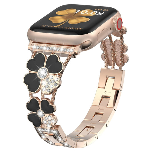 For Apple Watch 7 41mm Petal Metal Diamond Watch Band(Rose Gold+Black) -  by PMC Jewellery | Online Shopping South Africa | PMC Jewellery