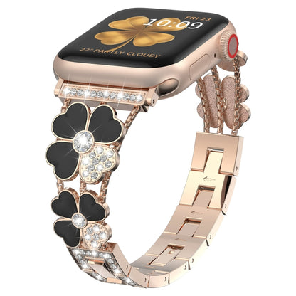 For Apple Watch 7 45mm Petal Metal Diamond Watch Band(Rose Gold+Black) -  by PMC Jewellery | Online Shopping South Africa | PMC Jewellery