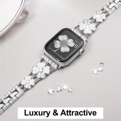 For Apple Watch 38mm Petal Metal Diamond Watch Band(Sliver+White) -  by PMC Jewellery | Online Shopping South Africa | PMC Jewellery