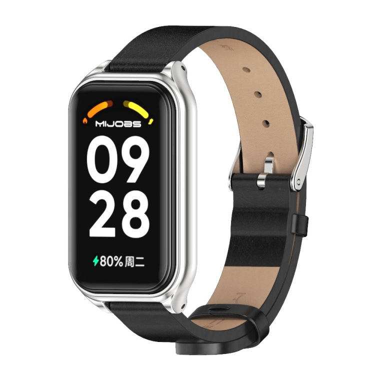 For Xiaomi Smart Band 8 Active / Redmi Band 2 Mijobs Metal Shell Microfiber PU Leather Watch Band(Black Silver) - Watch Bands by MIJOBS | Online Shopping South Africa | PMC TechLife | Buy Now Pay Later Mobicred
