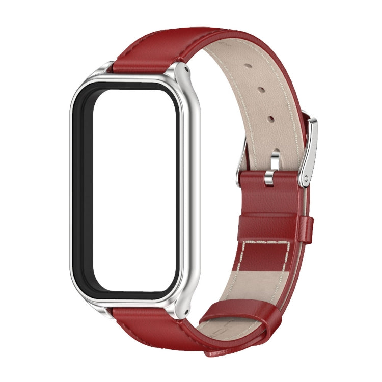 For Xiaomi Smart Band 8 Active / Redmi Band 2 Mijobs Metal Shell Genuine Leather Watch Band(Red Silver) - Watch Bands by MIJOBS | Online Shopping South Africa | PMC Jewellery | Buy Now Pay Later Mobicred