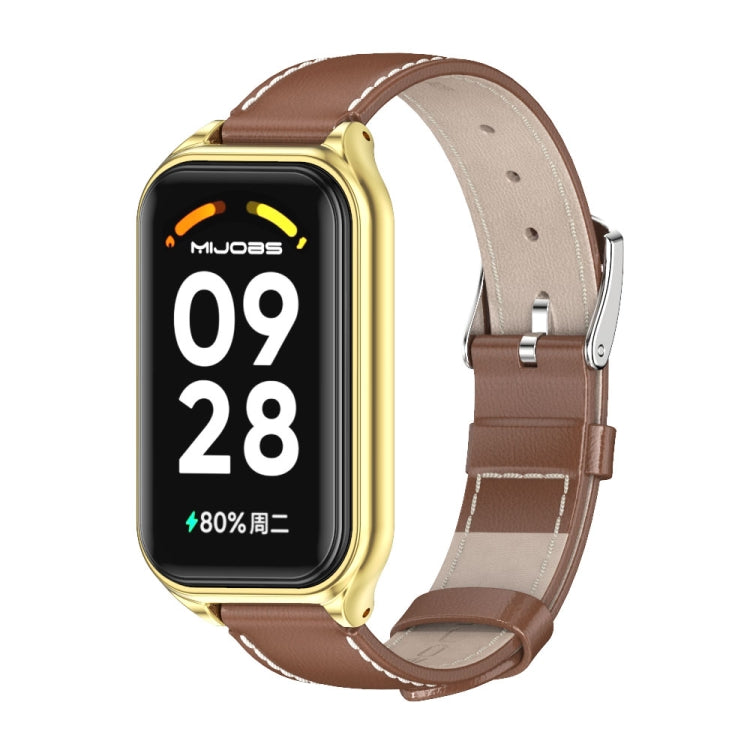 For Xiaomi Smart Band 8 Active / Redmi Band 2 Mijobs Metal Shell Genuine Leather Watch Band(Brown Gold) - Watch Bands by MIJOBS | Online Shopping South Africa | PMC Jewellery | Buy Now Pay Later Mobicred