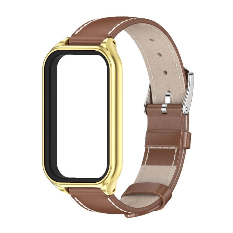 For Xiaomi Smart Band 8 Active / Redmi Band 2 Mijobs Metal Shell Genuine Leather Watch Band(Brown Gold) - Watch Bands by MIJOBS | Online Shopping South Africa | PMC Jewellery | Buy Now Pay Later Mobicred