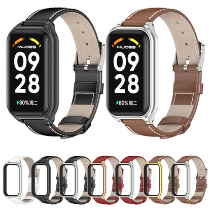 For Xiaomi Smart Band 8 Active / Redmi Band 2 Mijobs Metal Shell Genuine Leather Watch Band(Red Silver) - Watch Bands by MIJOBS | Online Shopping South Africa | PMC Jewellery | Buy Now Pay Later Mobicred