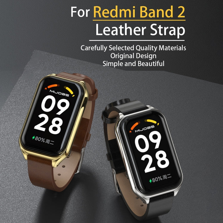 For Xiaomi Smart Band 8 Active / Redmi Band 2 Mijobs Metal Shell Genuine Leather Watch Band(Red Silver) - Watch Bands by MIJOBS | Online Shopping South Africa | PMC Jewellery | Buy Now Pay Later Mobicred