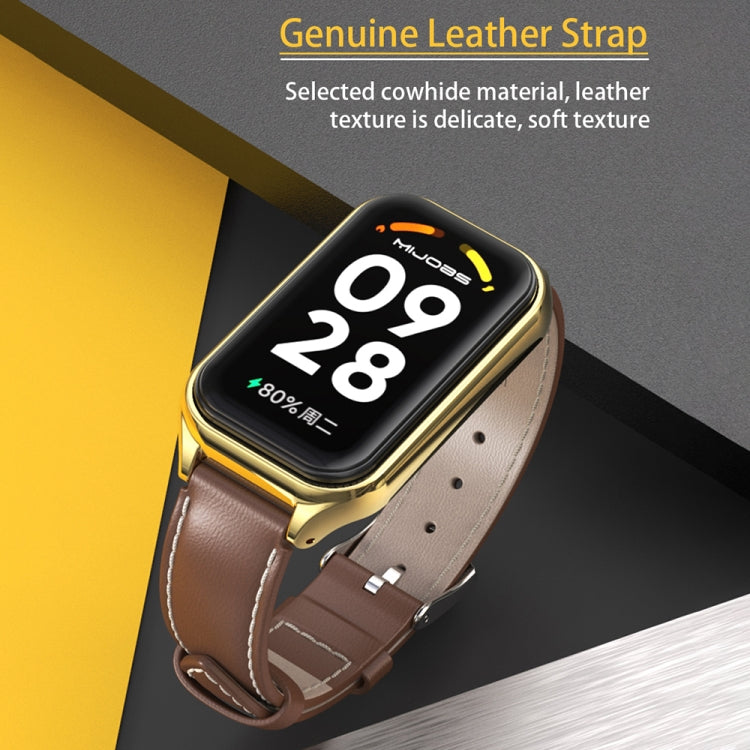 For Xiaomi Smart Band 8 Active / Redmi Band 2 Mijobs Metal Shell Genuine Leather Watch Band(Brown Gold) - Watch Bands by MIJOBS | Online Shopping South Africa | PMC Jewellery | Buy Now Pay Later Mobicred