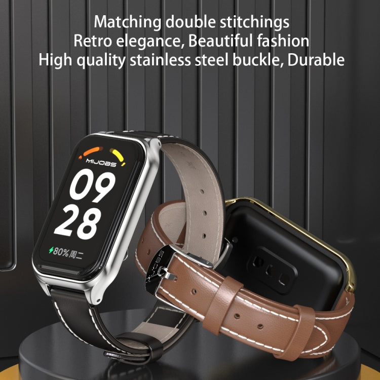 For Xiaomi Smart Band 8 Active / Redmi Band 2 Mijobs Metal Shell Genuine Leather Watch Band(Red Silver) - Watch Bands by MIJOBS | Online Shopping South Africa | PMC Jewellery | Buy Now Pay Later Mobicred