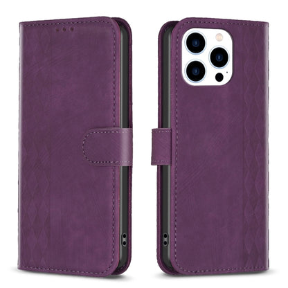 For iPhone 13 Pro Max Plaid Embossed Leather Phone Case(Purple) - iPhone 13 Pro Max Cases by PMC Jewellery | Online Shopping South Africa | PMC Jewellery