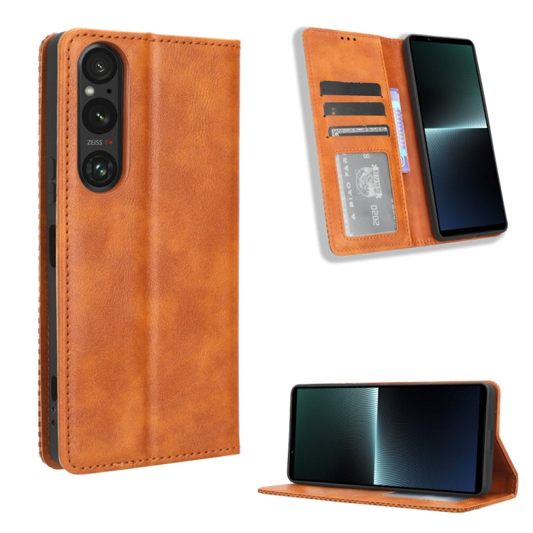 For Sony Xperia 1 V Magnetic Buckle Retro Texture Leather Phone Case(Brown) - Sony Cases by PMC Jewellery | Online Shopping South Africa | PMC Jewellery