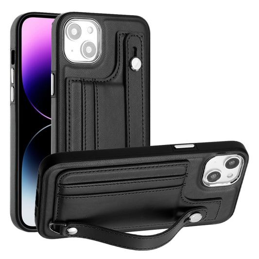 For iPhone 14 Plus Shockproof Leather Phone Case with Wrist Strap(Black) - iPhone 14 Plus Cases by PMC Jewellery | Online Shopping South Africa | PMC Jewellery