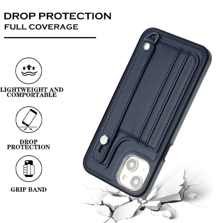 For iPhone 15 Plus Shockproof Leather Phone Case with Wrist Strap(Blue) - free shipping - PMC TechLife - Order now!