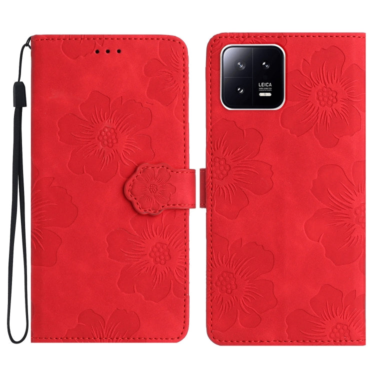 For Xiaomi 13 Flower Embossing Pattern Leather Phone Case(Red) - 13 Cases by PMC Jewellery | Online Shopping South Africa | PMC Jewellery