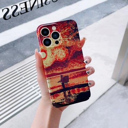 For iPhone 12 Precise Hole Oil Painting Pattern PC Phone Case(Sunset) - iPhone 12 / 12 Pro Cases by PMC Jewellery | Online Shopping South Africa | PMC Jewellery