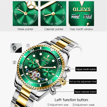 OLEVS 6605 Men Multifunctional Waterproof Mechanical Watch(Green) - Metal Strap Watches by OLEVS | Online Shopping South Africa | PMC Jewellery | Buy Now Pay Later Mobicred