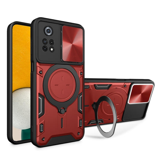 For Xiaomi Poco X4 Pro 5G CD Texture Sliding Camshield Magnetic Holder Phone Case(Red) - Poco X4 Pro 5G Cases by PMC Jewellery | Online Shopping South Africa | PMC Jewellery