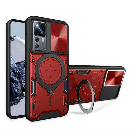 For Xiaomi 12T / 12T Pro CD Texture Sliding Camshield Magnetic Holder Phone Case(Red) - Xiaomi Cases by PMC Jewellery | Online Shopping South Africa | PMC Jewellery