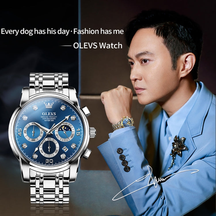 OLEVS 2889 Men Multifunctional Luminous Waterproof Quartz Watch(Blue) - Metal Strap Watches by OLEVS | Online Shopping South Africa | PMC Jewellery