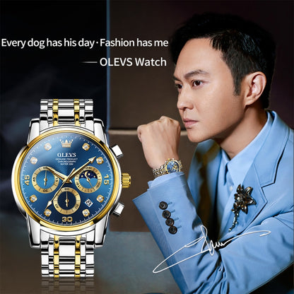 OLEVS 2889 Men Multifunctional Luminous Waterproof Quartz Watch(Blue + Gold) - Metal Strap Watches by OLEVS | Online Shopping South Africa | PMC Jewellery | Buy Now Pay Later Mobicred