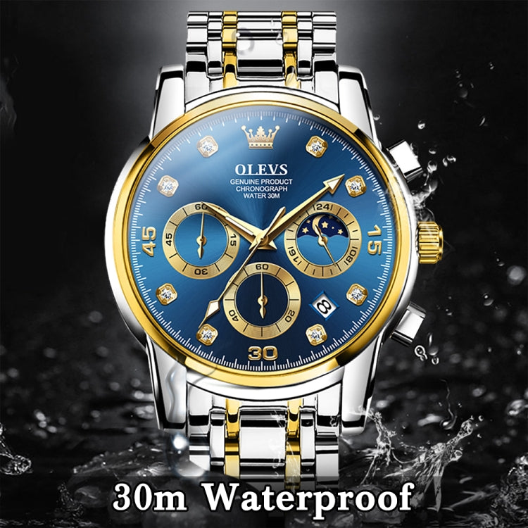 OLEVS 2889 Men Multifunctional Luminous Waterproof Quartz Watch(Blue + Gold) - Metal Strap Watches by OLEVS | Online Shopping South Africa | PMC Jewellery | Buy Now Pay Later Mobicred