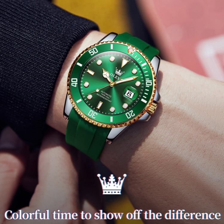 OLEVS 6650 Men Luminous Waterproof Silicone Strap Mechanical Watch(Green + Gold) - Silicone Strap Watches by OLEVS | Online Shopping South Africa | PMC Jewellery