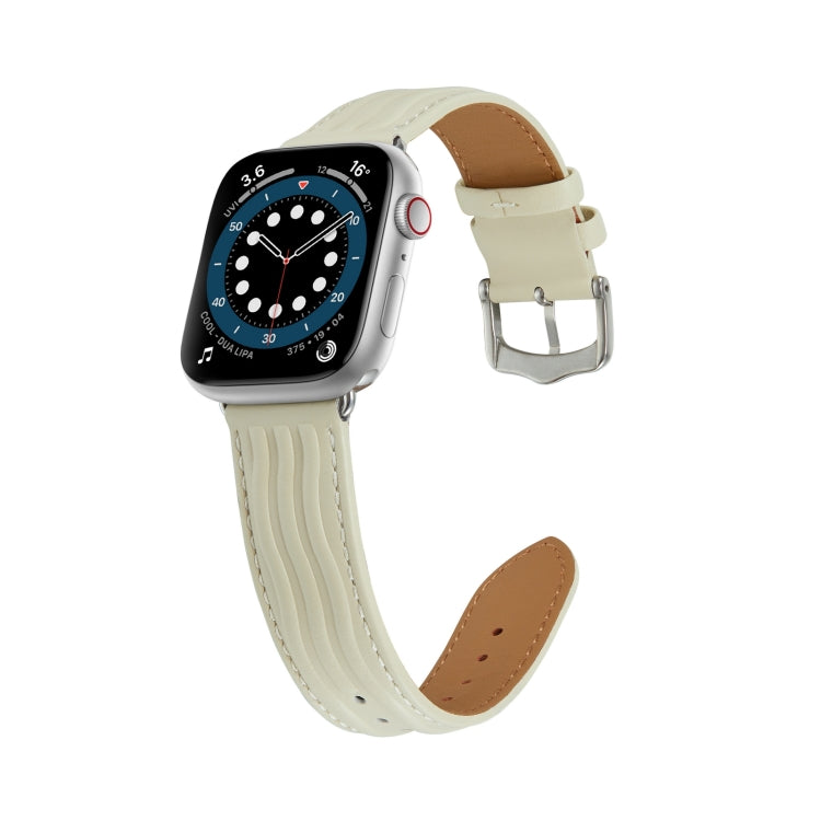 Embossed Line Genuine Leather Watch Band For Apple Watch Ultra 49mm(Milky White) - Watch Bands by PMC Jewellery | Online Shopping South Africa | PMC Jewellery