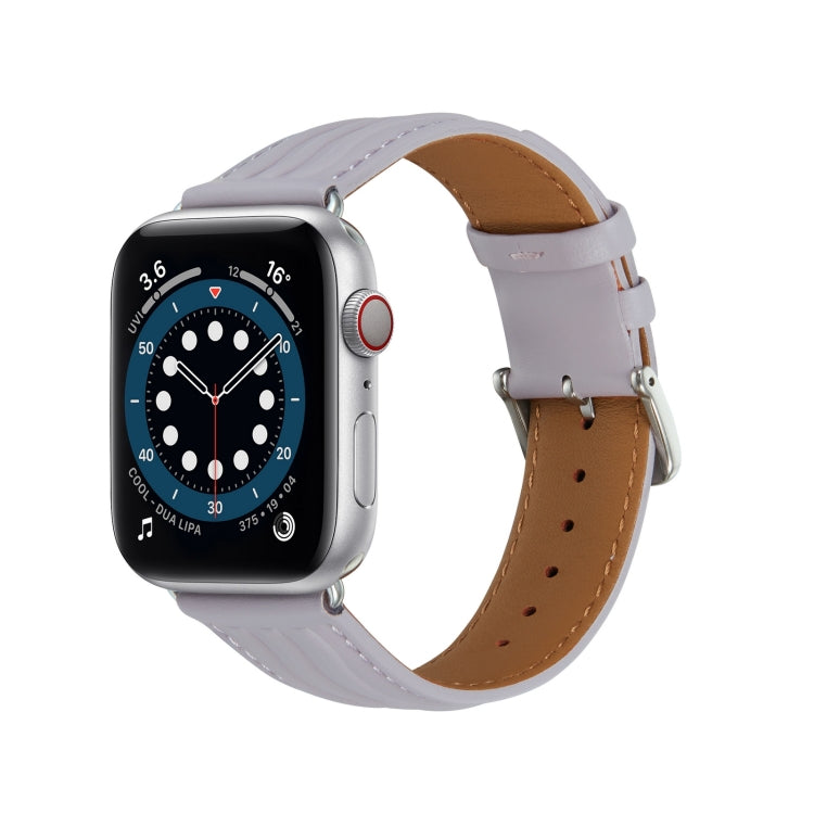 Embossed Line Genuine Leather Watch Band For Apple Watch 8 45mm(Lavender Purple) - Watch Bands by PMC Jewellery | Online Shopping South Africa | PMC Jewellery