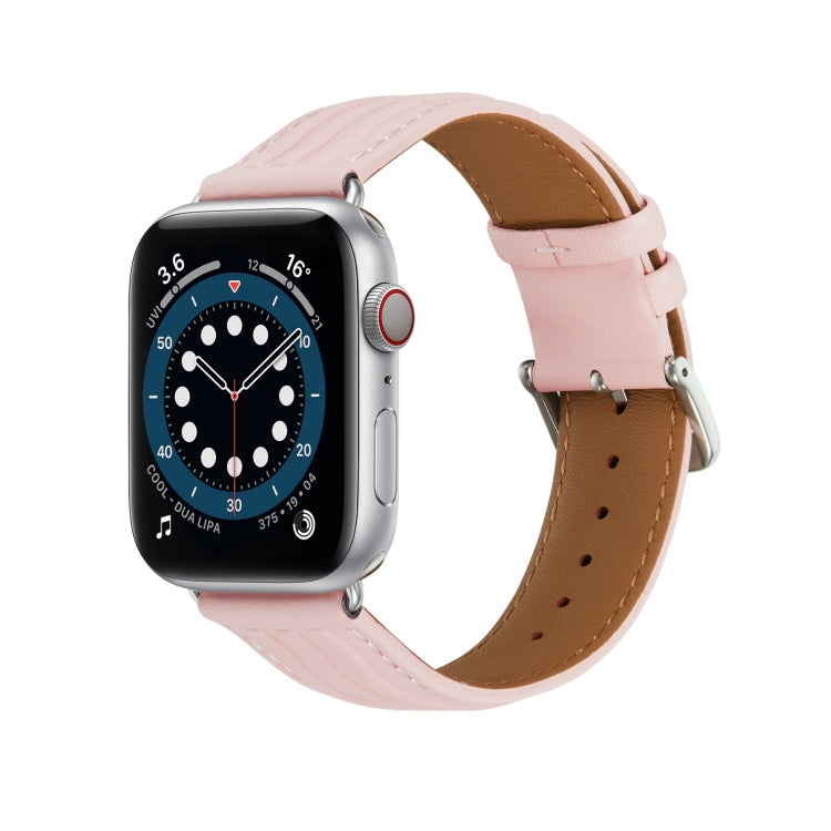 Embossed Line Genuine Leather Watch Band For Apple Watch SE 2022 44mm(Pink) - Watch Bands by PMC Jewellery | Online Shopping South Africa | PMC Jewellery