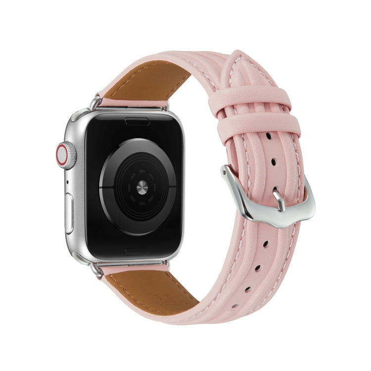Embossed Line Genuine Leather Watch Band For Apple Watch 7 45mm(Pink) - Watch Bands by PMC TechLife | Online Shopping South Africa | PMC TechLife