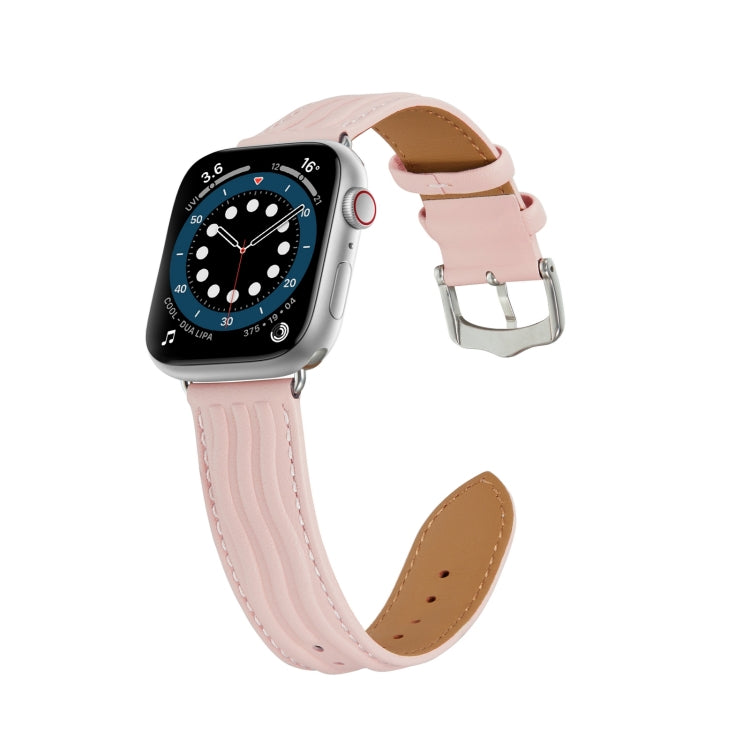 Embossed Line Genuine Leather Watch Band For Apple Watch SE 44mm(Pink) - Watch Bands by PMC TechLife | Online Shopping South Africa | PMC TechLife