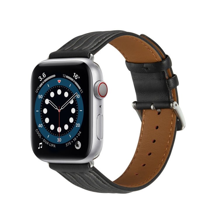 Embossed Line Genuine Leather Watch Band For Apple Watch 6 40mm(Black) - Watch Bands by PMC TechLife | Online Shopping South Africa | PMC TechLife