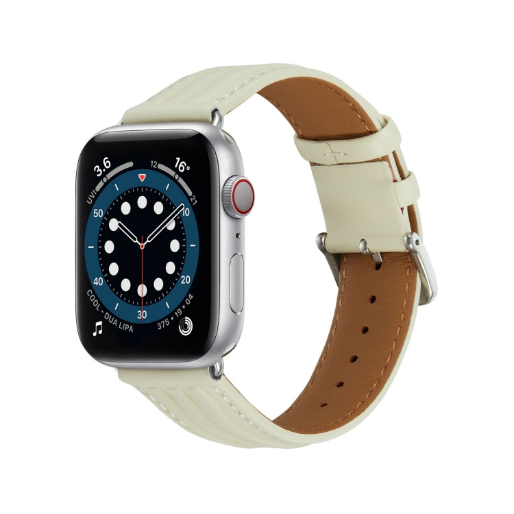 Embossed Line Genuine Leather Watch Band For Apple Watch 6 44mm(Milky White) - Watch Bands by PMC TechLife | Online Shopping South Africa | PMC TechLife