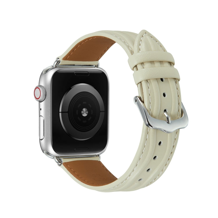 Embossed Line Genuine Leather Watch Band For Apple Watch 5 44mm(Milky White) - Watch Bands by PMC TechLife | Online Shopping South Africa | PMC TechLife