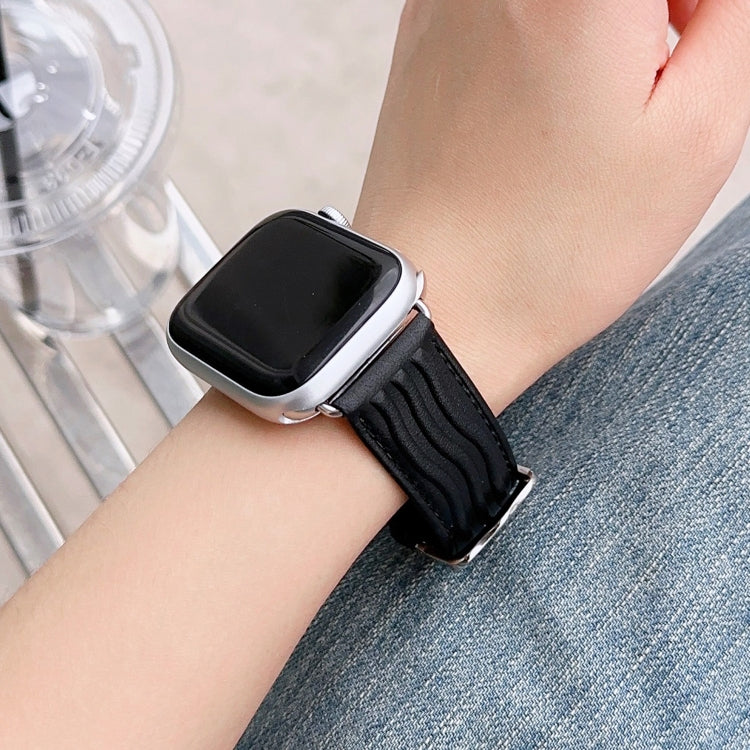 Embossed Line Genuine Leather Watch Band For Apple Watch 4 40mm(Black) - Watch Bands by PMC TechLife | Online Shopping South Africa | PMC TechLife