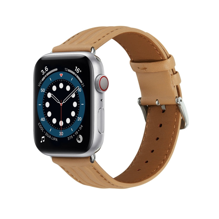 Embossed Line Genuine Leather Watch Band For Apple Watch 4 40mm(Khaki) - Watch Bands by PMC TechLife | Online Shopping South Africa | PMC TechLife