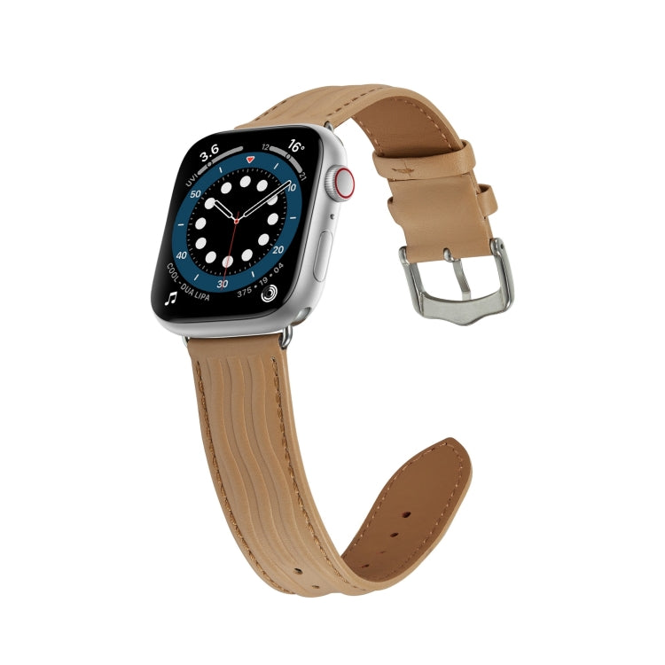 Embossed Line Genuine Leather Watch Band For Apple Watch 3 42mm(Khaki) - Watch Bands by PMC TechLife | Online Shopping South Africa | PMC TechLife