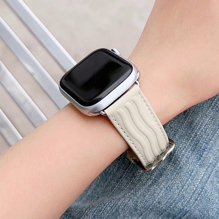 Embossed Line Genuine Leather Watch Band For Apple Watch 3 42mm(Milky White) - Watch Bands by PMC TechLife | Online Shopping South Africa | PMC TechLife