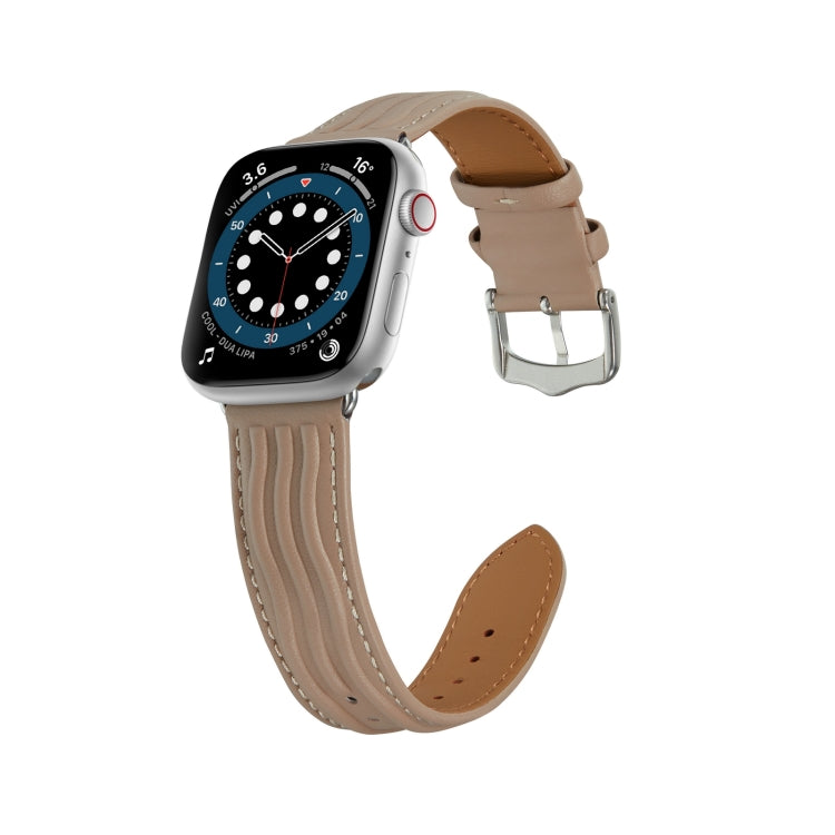 Embossed Line Genuine Leather Watch Band For Apple Watch 38mm(Milky Brown) - Watch Bands by PMC TechLife | Online Shopping South Africa | PMC TechLife