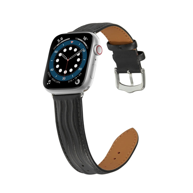 Embossed Line Genuine Leather Watch Band For Apple Watch SE 2023 44mm(Black) - Watch Bands by PMC TechLife | Online Shopping South Africa | PMC TechLife