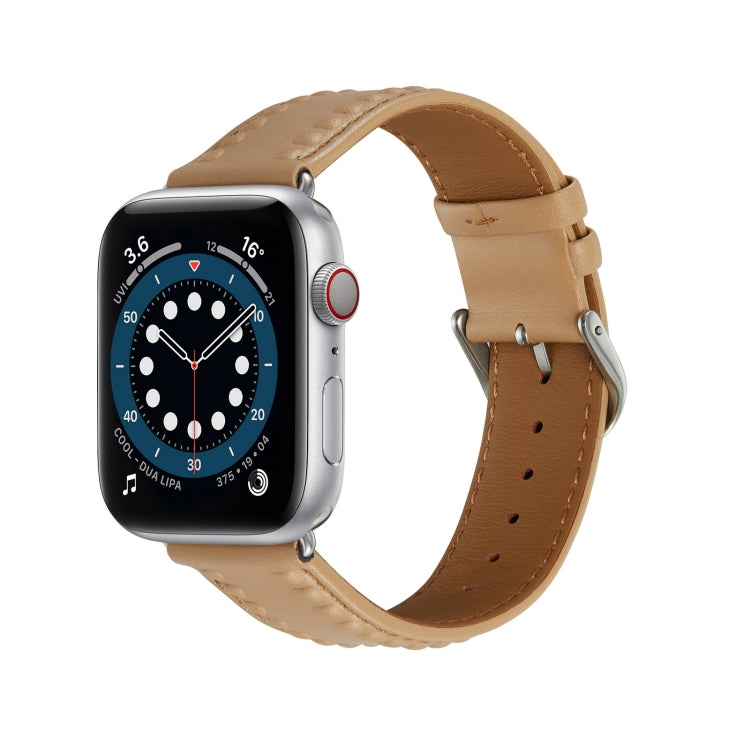 Embossed Love Genuine Leather Watch Band For Apple Watch 8 45mm(Khaki) - Watch Bands by PMC TechLife | Online Shopping South Africa | PMC TechLife