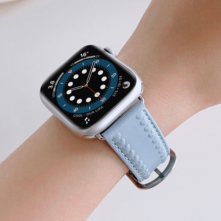 Embossed Love Genuine Leather Watch Band For Apple Watch 8 45mm(Blue) - Watch Bands by PMC Jewellery | Online Shopping South Africa | PMC Jewellery