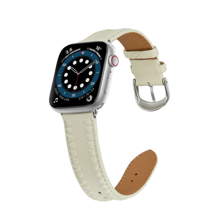 Embossed Love Genuine Leather Watch Band For Apple Watch SE 2022 44mm(Milky White) - Watch Bands by PMC Jewellery | Online Shopping South Africa | PMC Jewellery