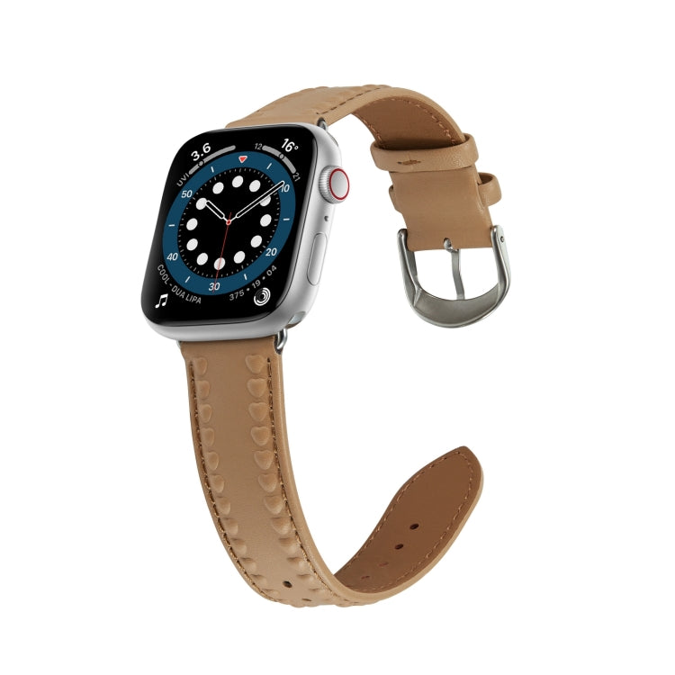 Embossed Love Genuine Leather Watch Band For Apple Watch 5 44mm(Khaki) - Watch Bands by PMC TechLife | Online Shopping South Africa | PMC TechLife