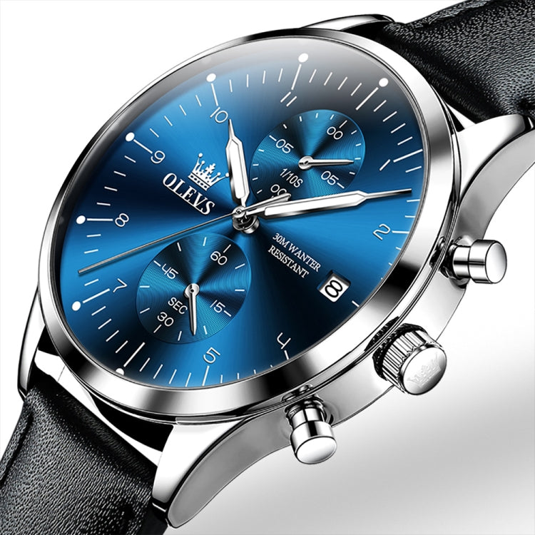 OLEVS 2880 Men Multifunctional Business Waterproof Leather Strap Quartz Watch(Blue) - Leather Strap Watches by OLEVS | Online Shopping South Africa | PMC Jewellery | Buy Now Pay Later Mobicred